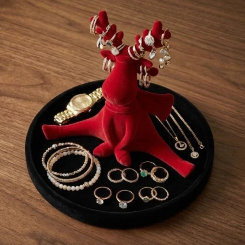 Christmas Decorations Red Velvet Christmas Reindeer Decor Desktop Jewelry Organizer Tray Festive Home Tabletop Display Ornament