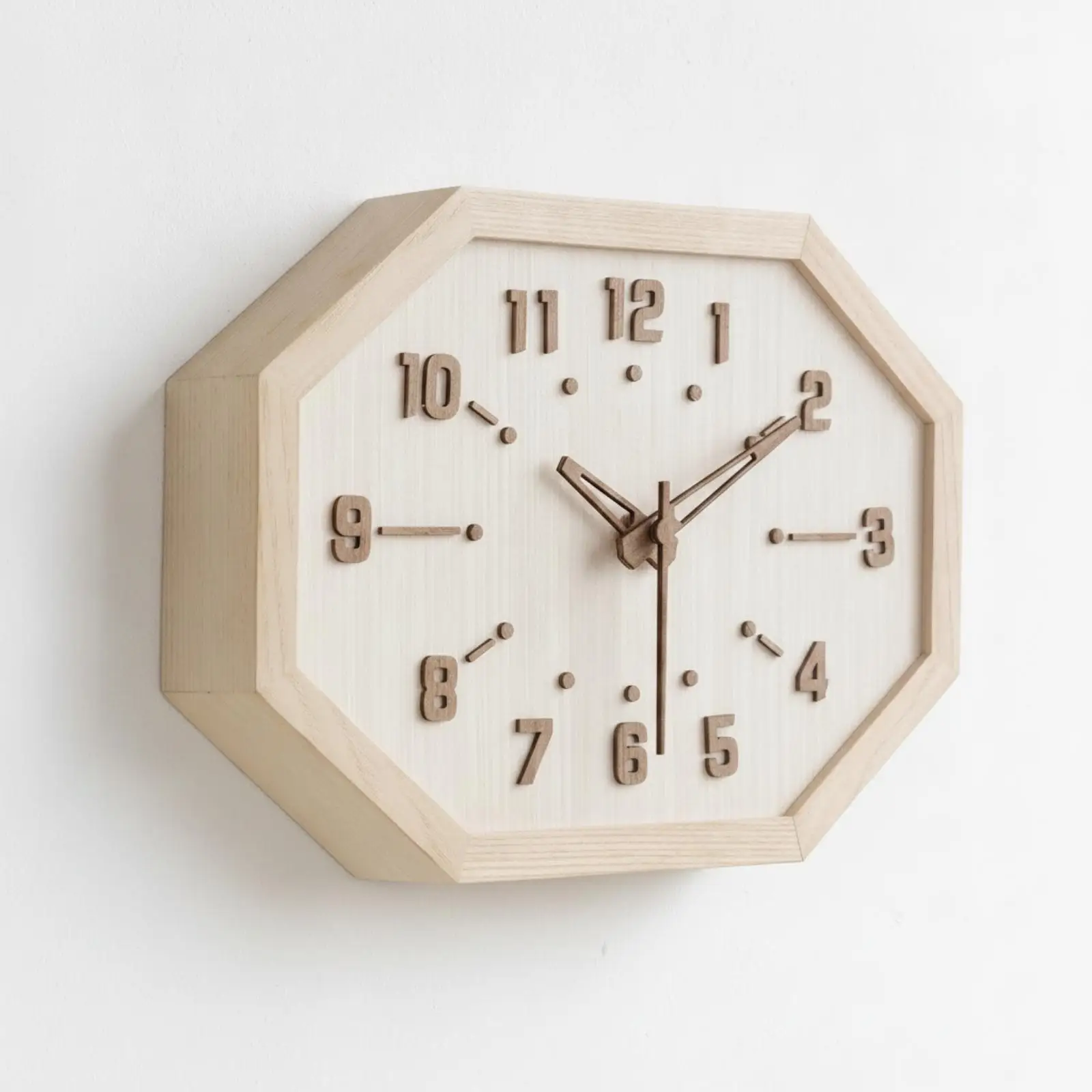 Aesthetic Wall Clock Wooden Silent Design Geometric Octagon Shape with Ivory Face for Bedroom Kitchen Office Decor