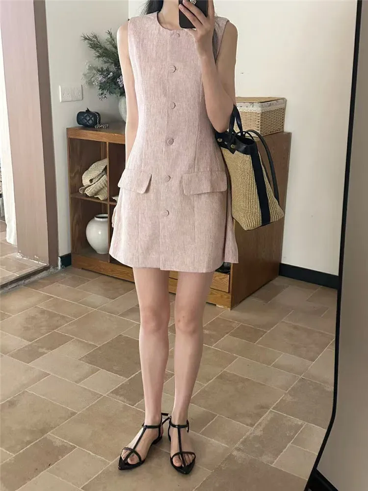 Col rond Style Simple solide abricot gris rose une ligne Mini robe nouvel été femmes simple poitrine sans manches décontracté robe courte débardeur