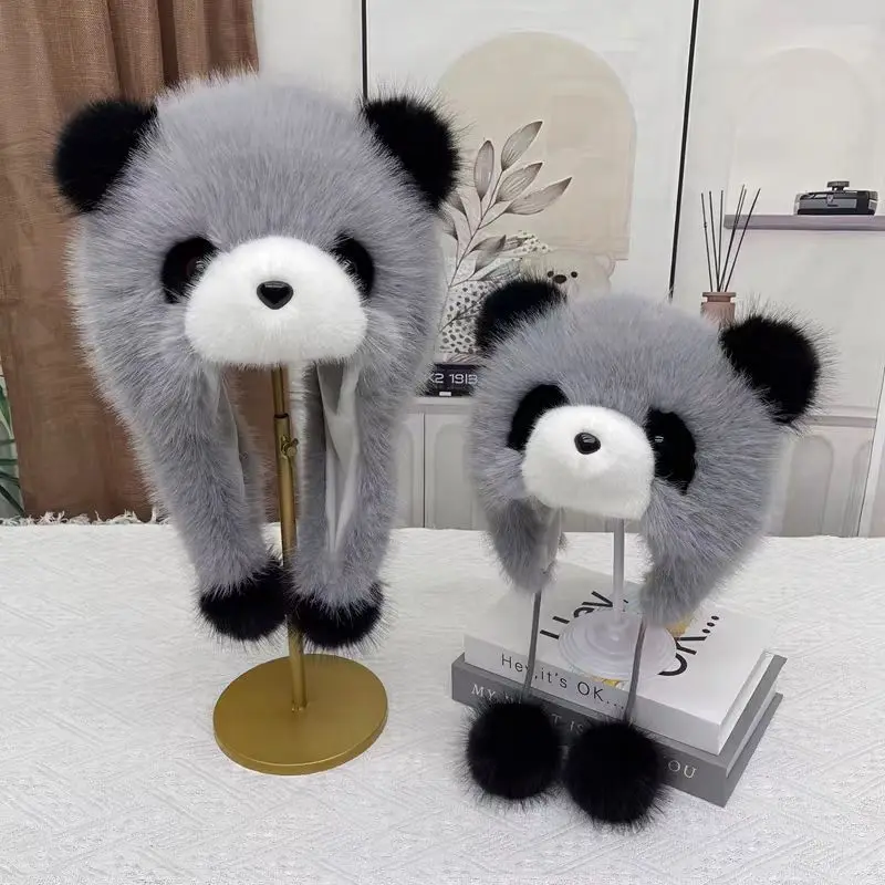 Popular Autumn and Winter, Genuine Cute Panda Hat, One-piece Two-piece Set, Face-showing Small Cartoon Ear Protectors, Hair
