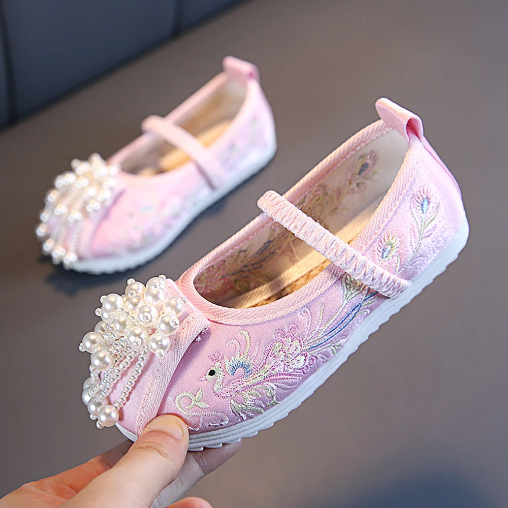 Baby Girls 2024 New Embroidered Shoes Ancient Dress Cheongsam Shoes Jade Beads Hanfu Shoes Performance Shoes