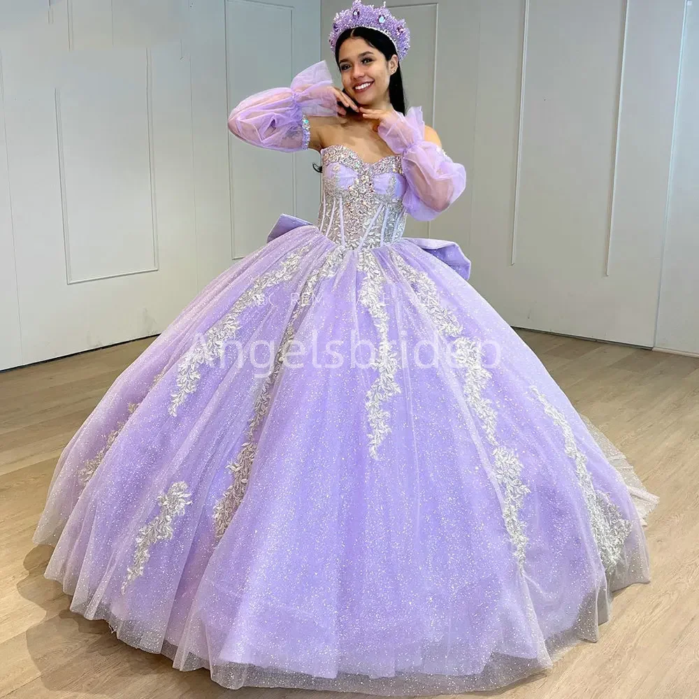 Angelsbride-Lavender Cristal Beading vestido de baile, destacável mangas compridas, Bow Corset, Vestidos Quinceanera, 15 anos