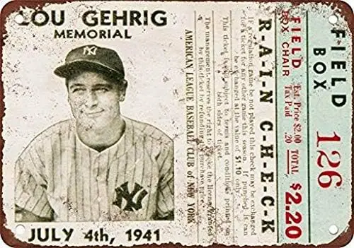 1941 Lou Gehrig Memorial Ticket Stub Vintage Look Reproduction Metal Tin Sign 8X12 Inches