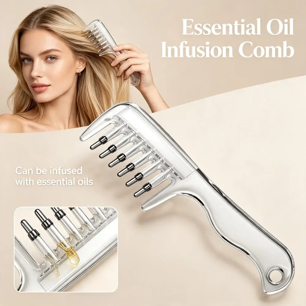 Unisex Transparent Essential Oil Applicator Massage Comb Built in Reservoir Rolling Metal Teeth Scalp Hair Beard Oil Grooming