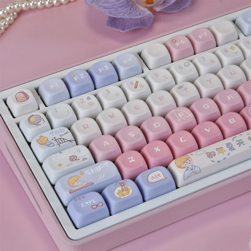 Summer Theme Cute Keycaps,130 Keys MOA Profile Custom Doubleshot PBT Key Caps Set For MX Switches Mechanical Keyboards 60% 75%