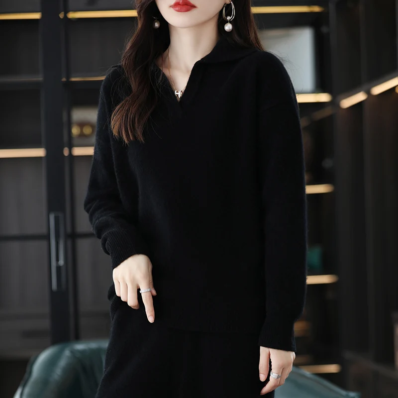 2024 High end Autumn/Winter 100% Pure Wool Knitted Set Women\'s Two piece Set Sweater POLO Collar Cashmere Casual Wide Leg Pants