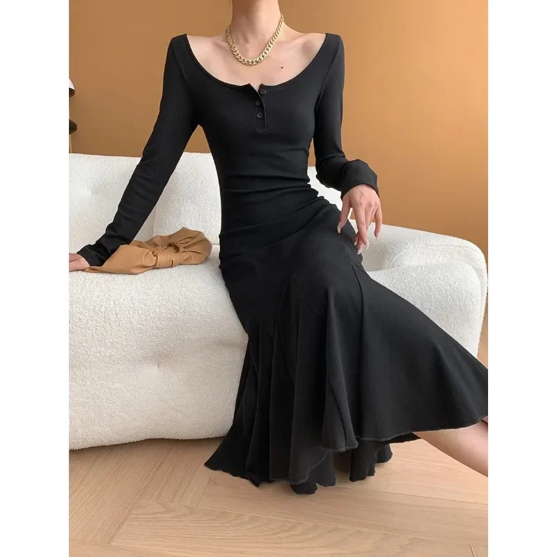 Women French Large U-neck Slim Fishtail Knitted Dress Autumn Elegant Elastic Black Coffee Color Fashion Lady Long Dresses