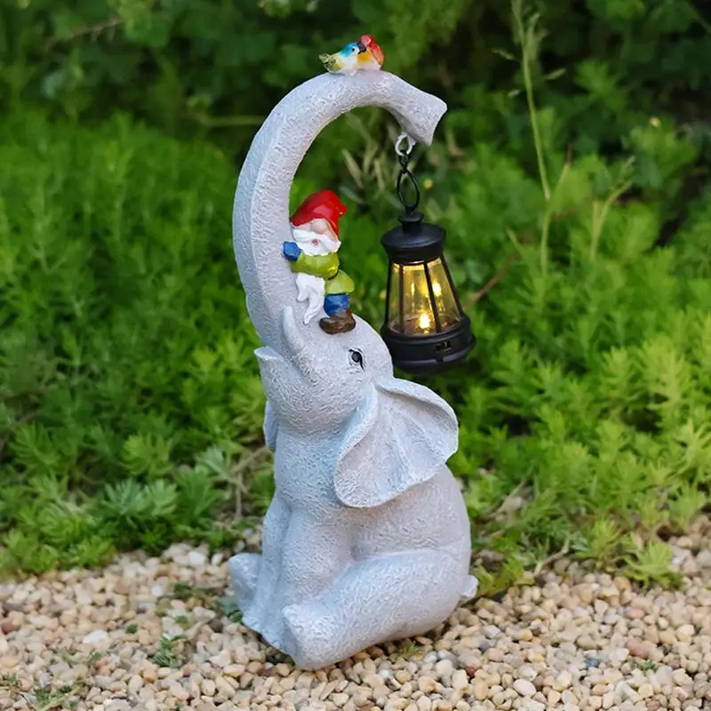 Elephant Statue With Solar Lantern Cute Elephant Figurine Outside Decor Funny Resin Yard Art Gnome Riding On Elephant Nose