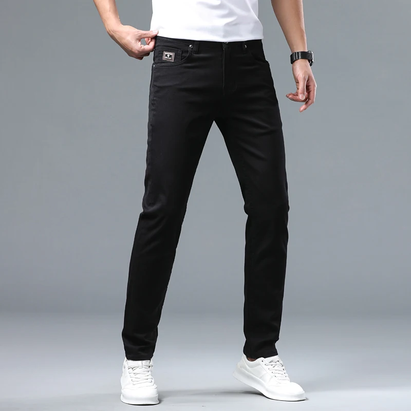 Pantalones vaqueros finos negros para hombre, pantalones elásticos de verano, suaves, transpirables y sencillos, combinan con todo, moda de lujo asequible, 2024