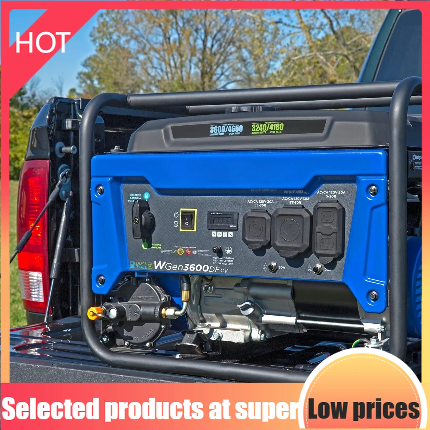 

Limited Edition4650 Peak Watt Dual Fuel Portable Generator, RV Ready 30A Outlet, Gas & Propane Powered, CO Sensor