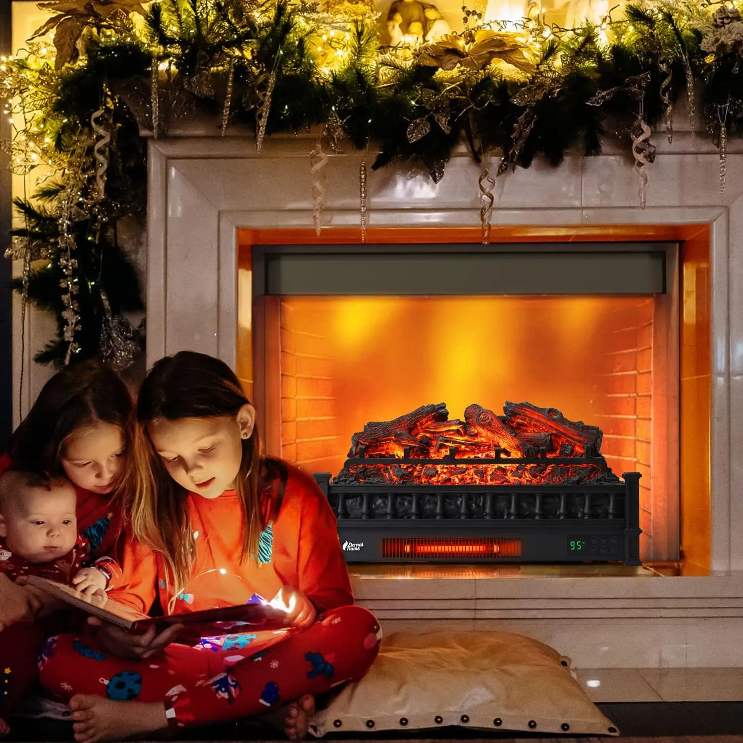 Fireplace Log Heater, Realistic Lemonwood Logs, Adjustable Flame Colors, Remote Control, Thermostat, Timer, EF26-LG, 1500W