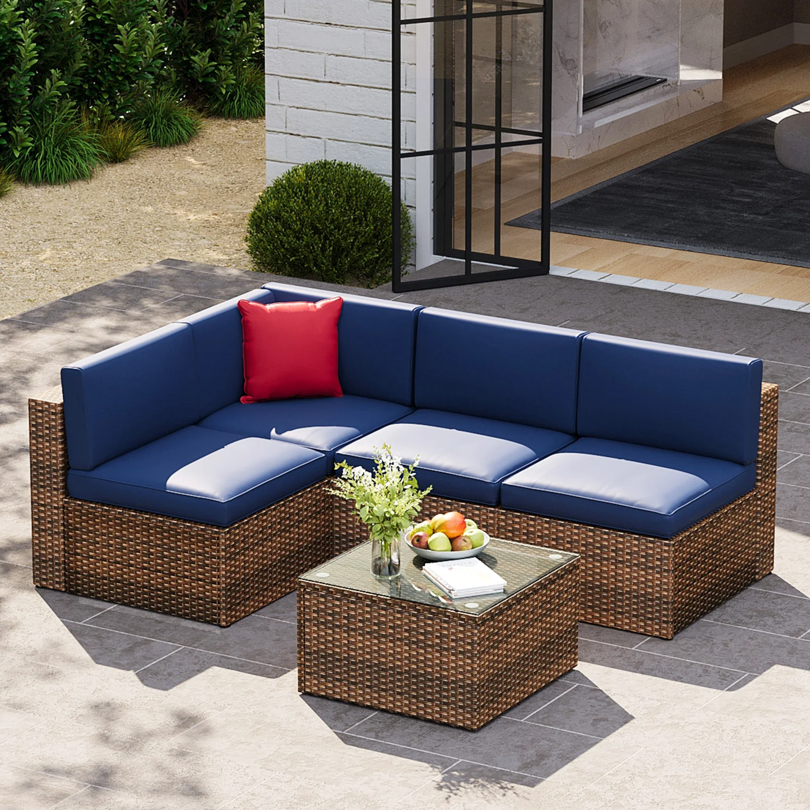 5-Piece Wicker Rattan Conversation Set Outdoor Sectional Sofa Removable Cushions and Tempered Glass Coffee Table (Blue)