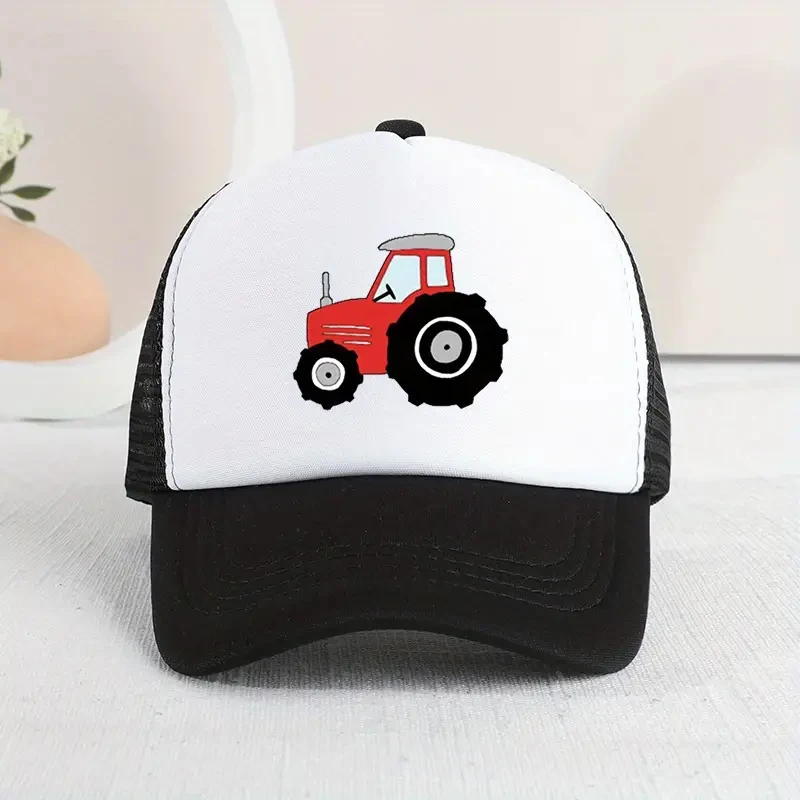 Casual Trendy Cartoon Tractor Mesh Stitching Cap Sun Protection Breathable Cap For Holiday Outdoor Traveling Boys And Girls