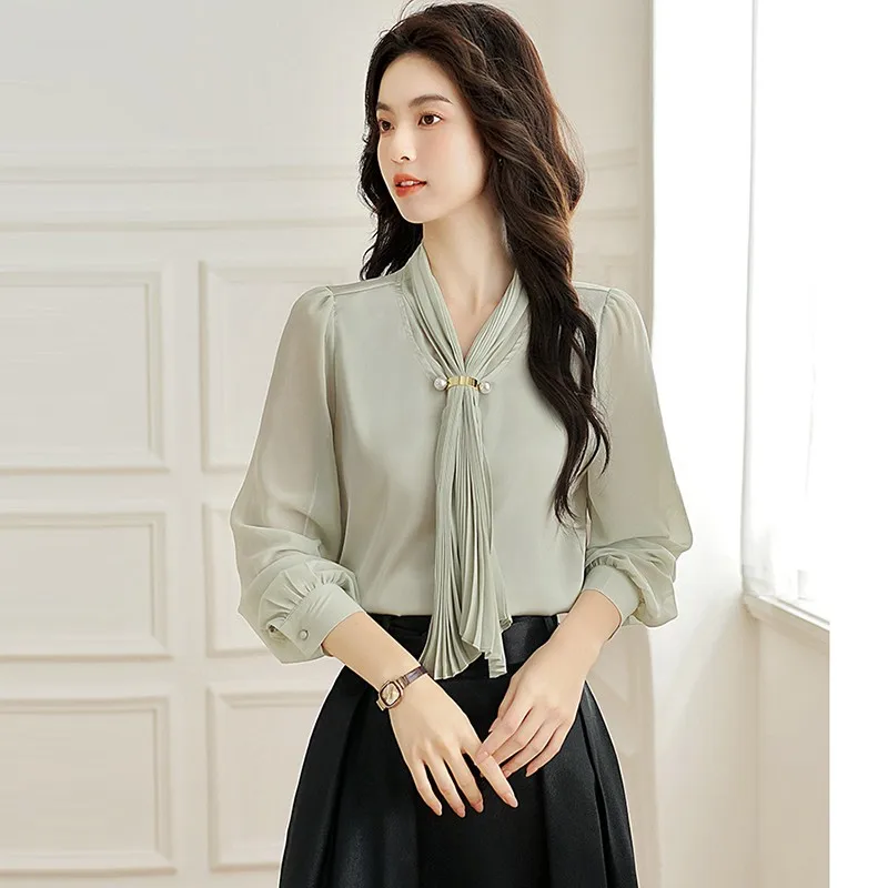 ผู้หญิงเสื้อแขนยาวเสื้อใหม่มาถึง 2024 ฤดูใบไม้ร่วงผ้าพันคอสีทึบ Office Lady Elegant Casual Tops เสื้อ W1919