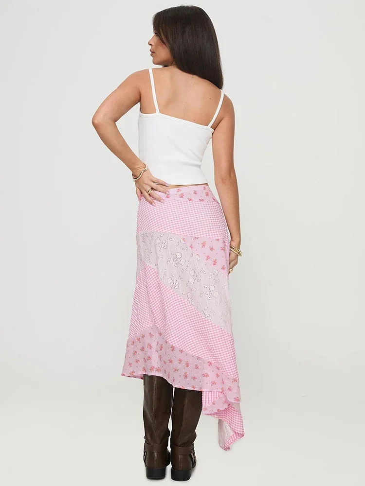 Retalhos impressão bolinhas ver através de renda saia feminina branco cintura alta saia longa feminino verão magro casual streetwear