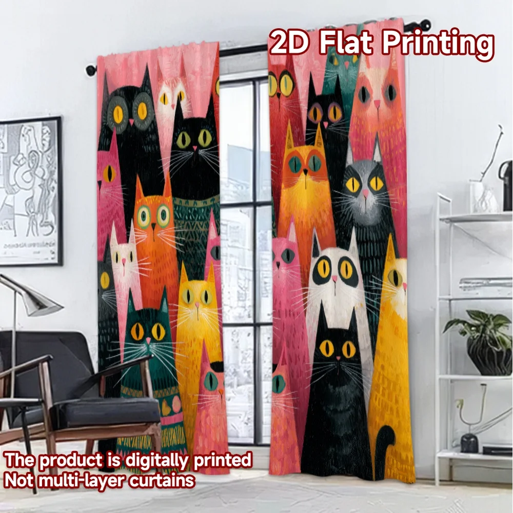 2D Flat Printing,2pcs Colorful Cat Gathering Chic Curtain Fabric Versatile 100% Polyester Curtains Home Decor Perfect for Living