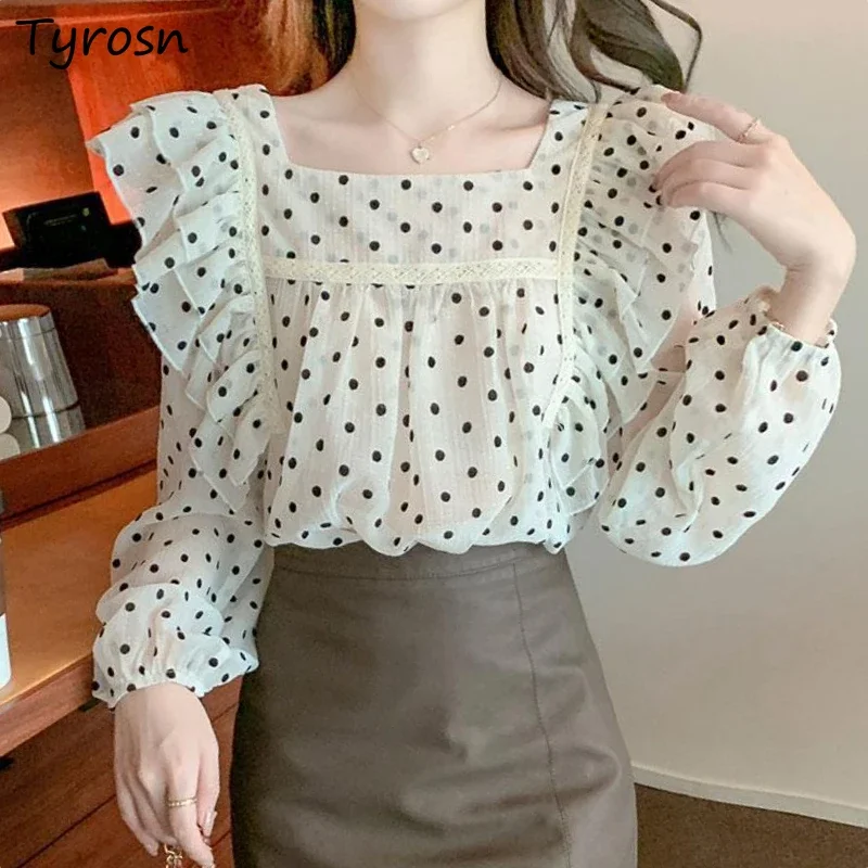 Blouses Women Ruffles Dot Design Korean Style Ladies Casual All-match New Puff Sleeve Fashion Elegant Spring Cloth Square Collar