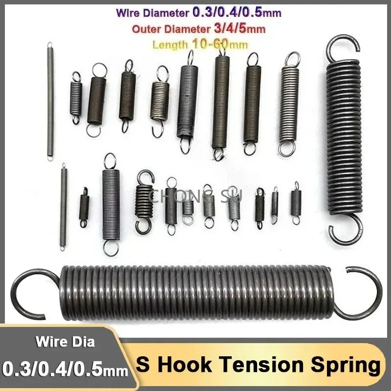 

10Pcs Small Extension Tension Spring With S Hook Spring Steel Expansion Stretching OD 3/4/5mm Length 10-60mm 0.3/0.4/0.5mm