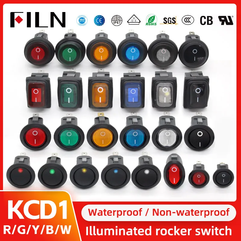 FILN 5Pcs ON-OFF 12V 24V 110V 220V 6A Heavy Duty  DPST Sealed Waterproof T85 IP67 Auto Boat Marine Toggle Rocker Switch with LED
