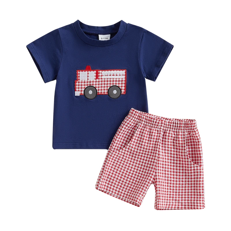 2Pcs Baby Boy Summer Outfits Short Sleeve Fire Truck Embroidery T-Shirt Short Pants Set Toddler Clothes