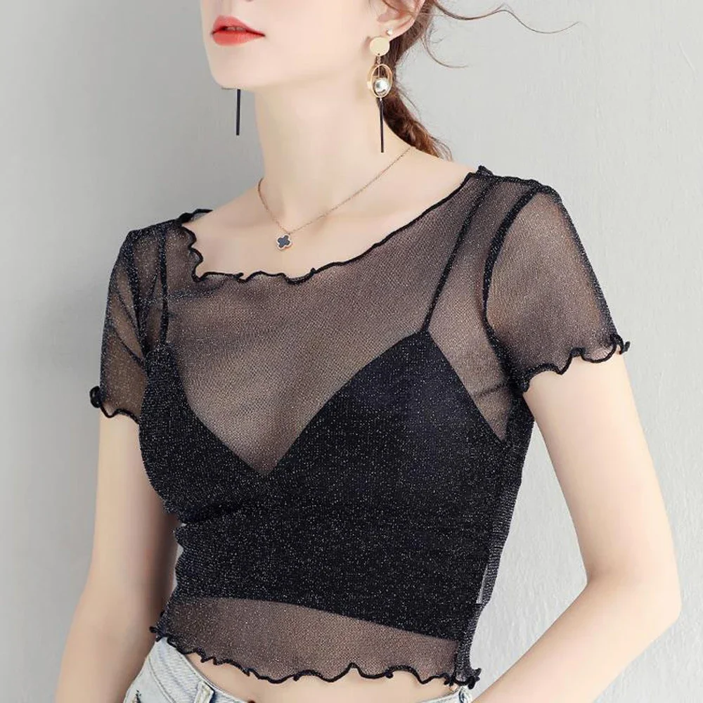 

Y2K Mini Short Crop T Shirt Women Silver Shiny Transparent Short Sleeve T-shirt Edible Tree Fungus Elastic Female Blouses Top