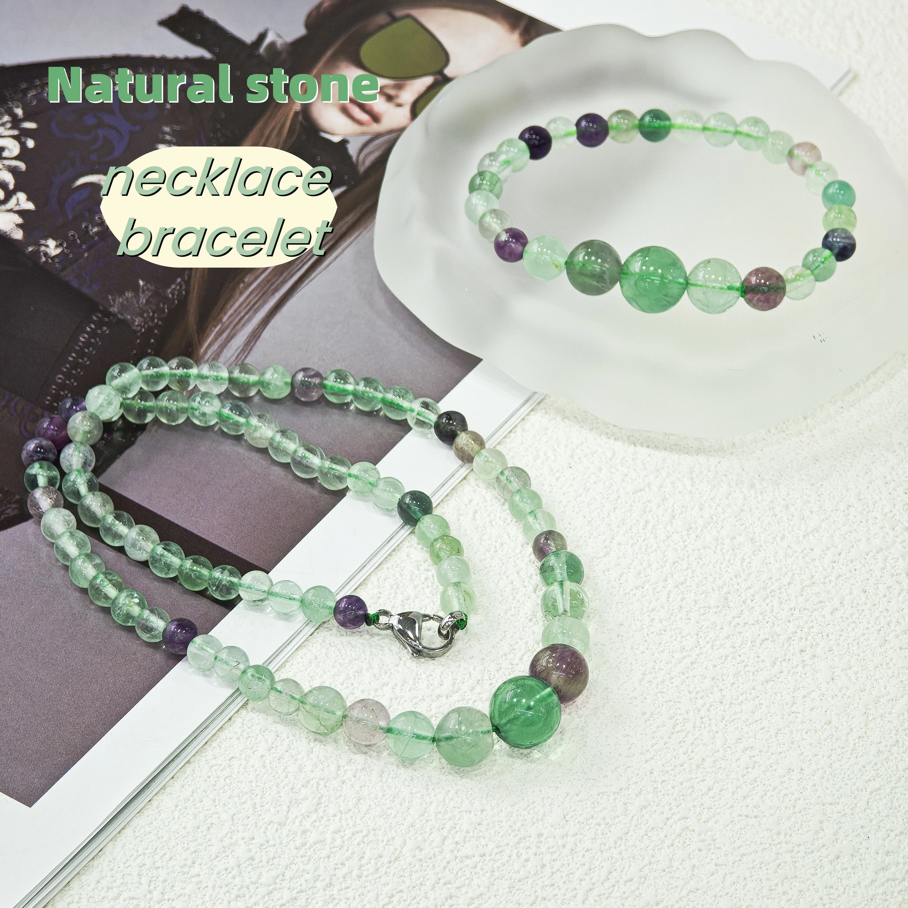 

Lecter Store Unique handmade colored green natural stone necklace bracelet pendant, round women's jewelry gift set accessories