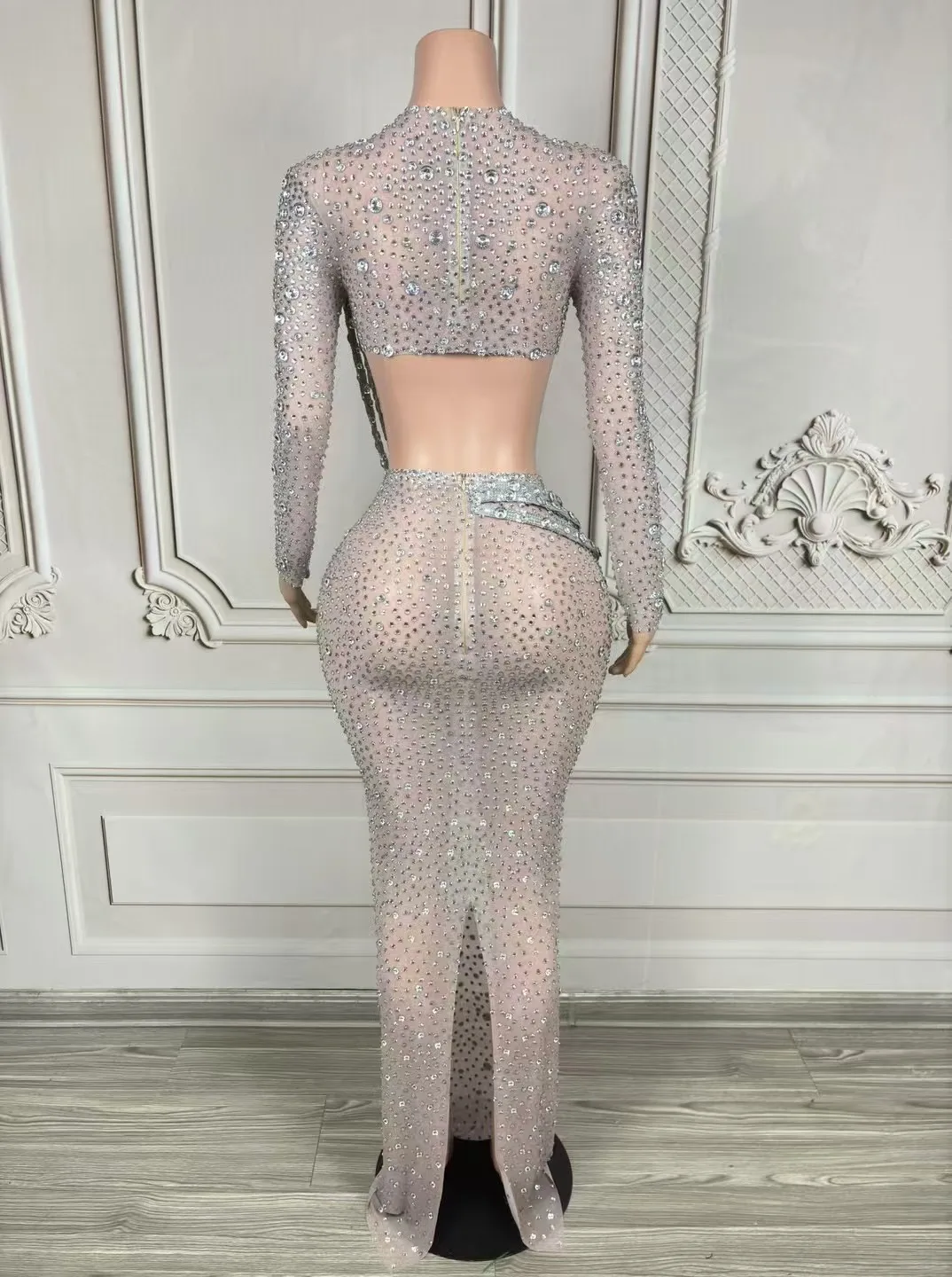 Luxury Sliver Sparkling Rhinestone Sexy Stretch Mesh Long Dress Women Performance Costume Club Evening Party Photoshoot Dress