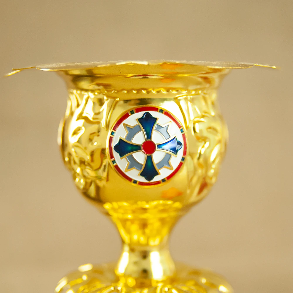 Orthodox Vigil Lamp Red Glass Gold Metal Standing Candle Holder Ornate Byzantine Lampada for Home Altar Church Religious Gift