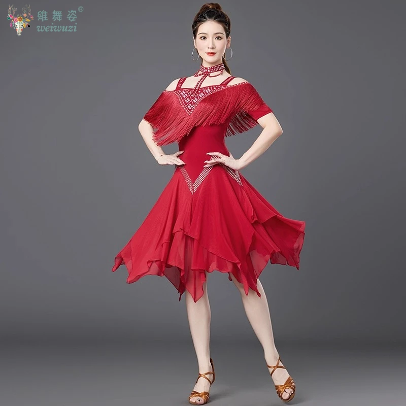 라틴 댄스 공연 드레스 오프 숄더 불규칙한 태슬 드레스 성인 전문 차차 삼바 룸바 대회 의상
