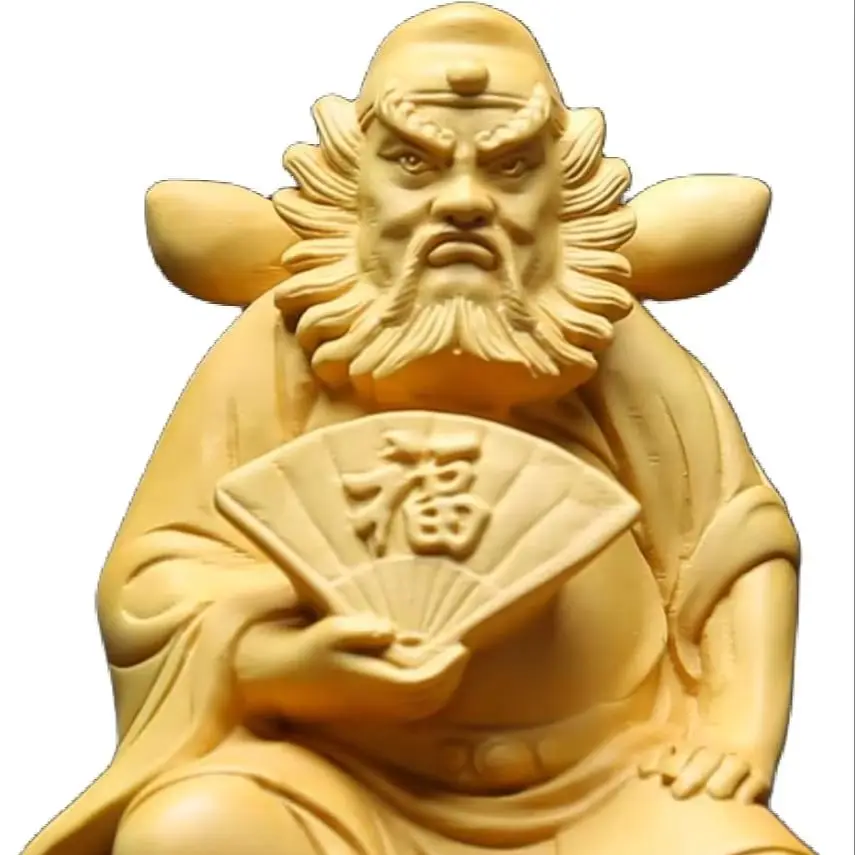 Hand Carved Boxwood Zhong Kui Statue Figurine - Demon Slayer Guardian Lucky Blessing Solid Wood Sculpture Home Office Desk Decor