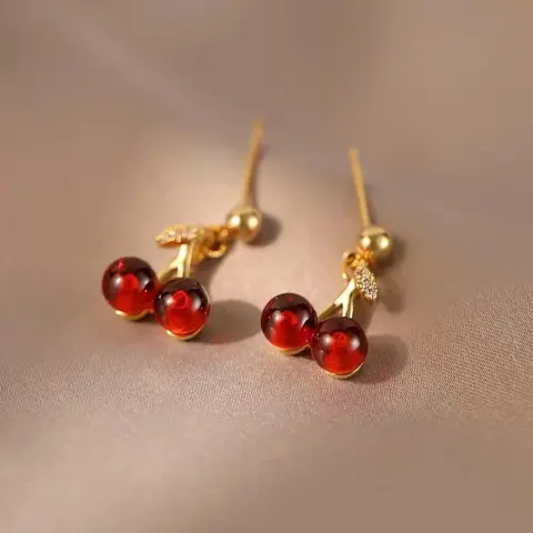 2Pcs/Set Red Cherry Jewelry Cute Fruit Pendant Necklace Stud Earrings Fashion Gift for Women Girls Party Wedding Valentine