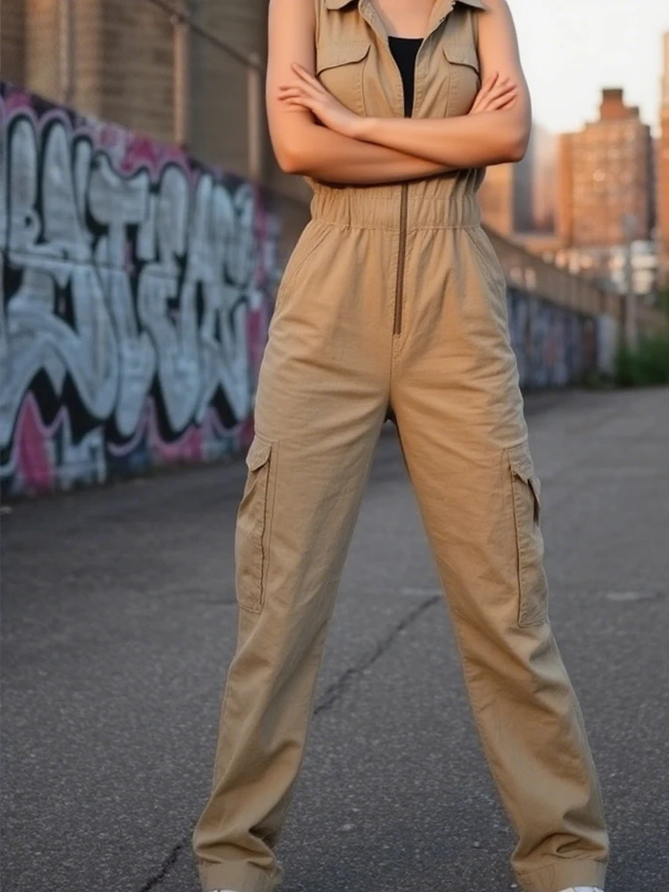

Elegant V-neck Hight Street Long Jumpsuit Women Casual Sleeveless Pocket Loose Party Romper 2026 Fashion Zipper Solid Playsuits