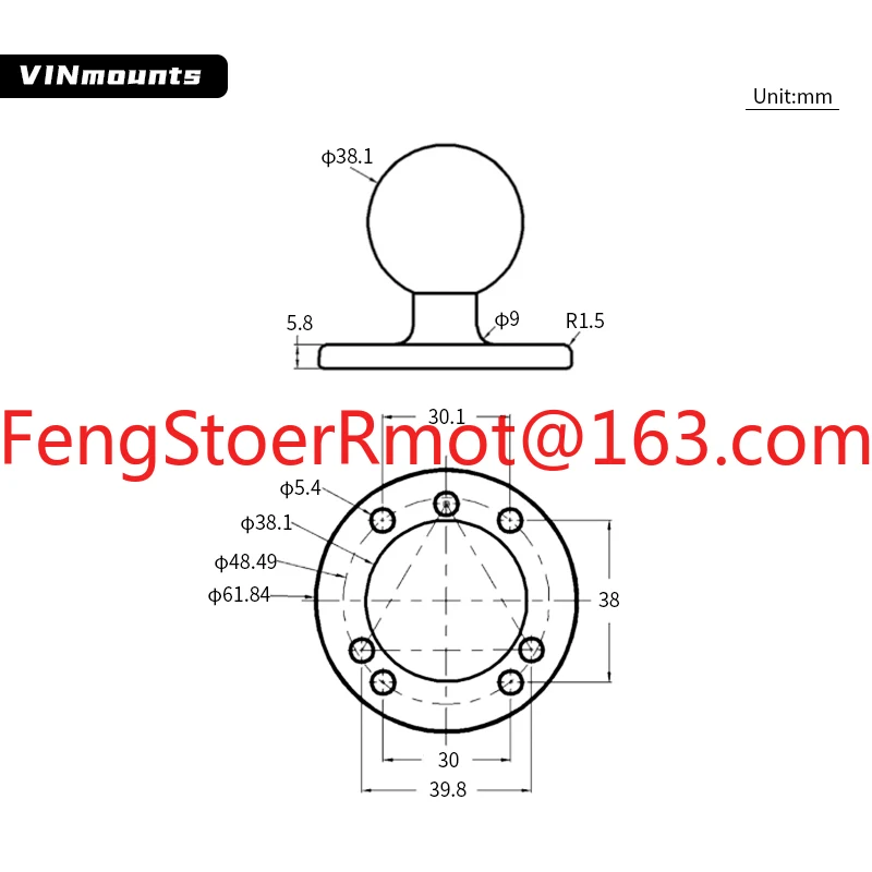 1.5 Inch Ball Head to Round Mounting Base Holder Aluminum Base Coated with Rubber Ball Head Compatible with Ram Mounts VIN-C-003