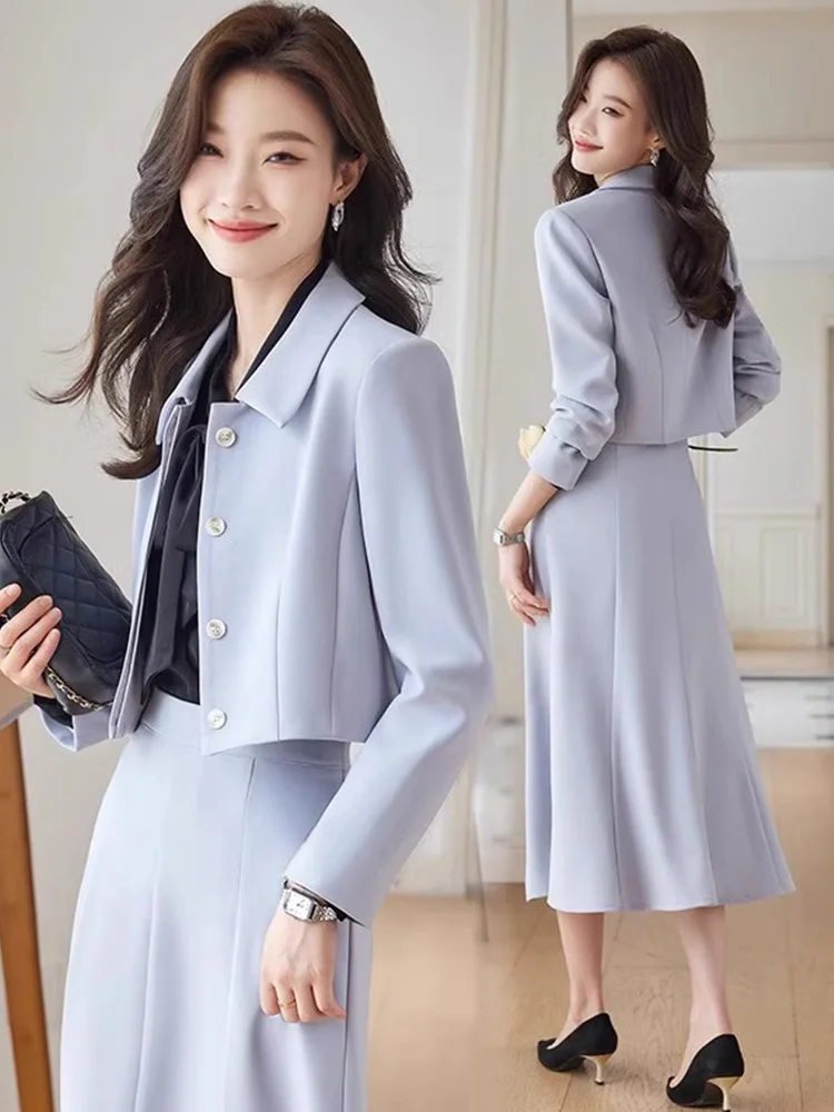 

Temperament Polo Neck Short Single Breasted Blazer Coat High Waist Zipper Waist Women Skirt