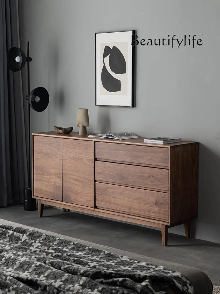 Black Walnut Solid Wood Three Buckets Minimalist Japanese Style Entrance Cabinet Quiet Wind Storage Organizer Sideboard Cabinet