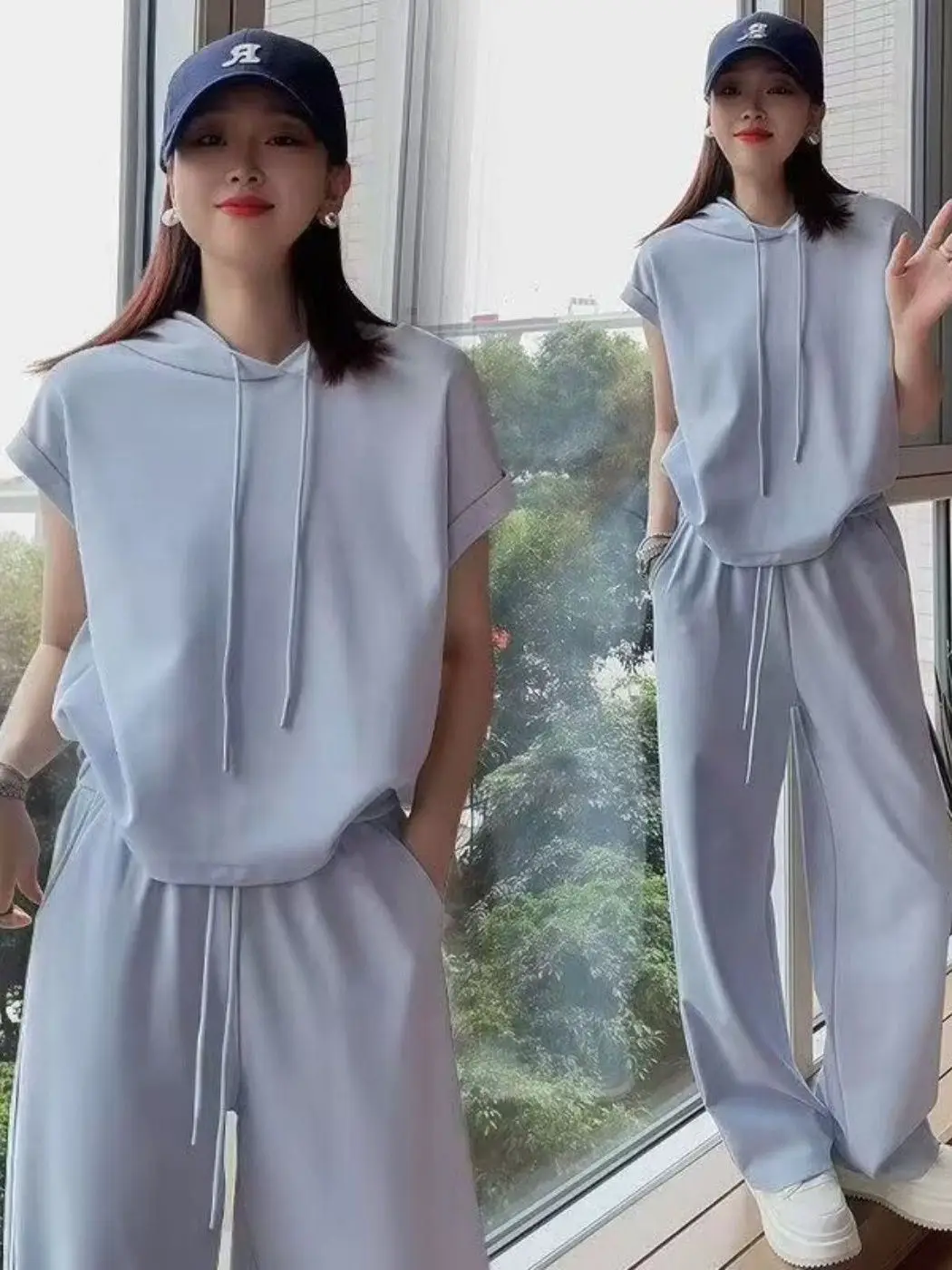 Casual Chic Summer Slimming Commute Set Women's Design Sense Hooded Short Sleeve Wide Leg Pants Two Piece Set Breathable Ligh...