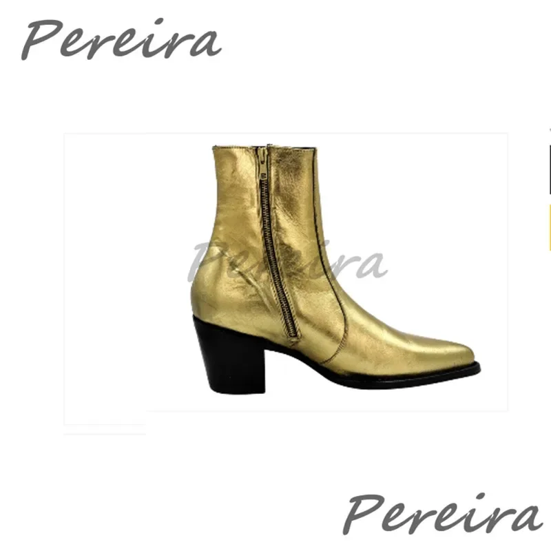 英国メンズ本革チェルシーブーツゴールドとんがりつま先 6 センチメートルハイヒールジッパーショートブーツ秋冬の新トレンディな男性の靴