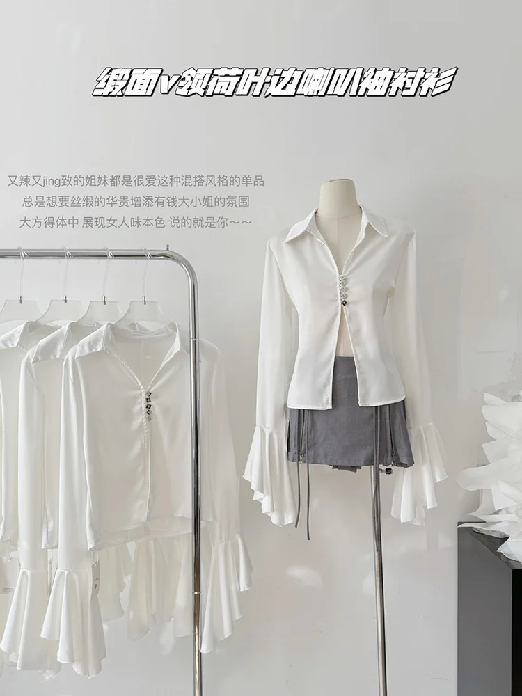 Korean Style Chic Design V-neck Flare Sleeve Shirts Elegant Office Lady White Casual Top Women Basic Slim Blouses