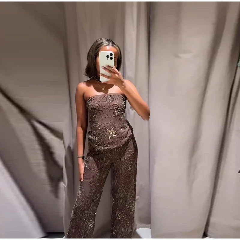 Setelan Vest dan Celana Wanita Bergaya Chic dengan Detail Manik-Manik, Tanpa Lengan, Punggung Terbuka, Crop Top Transparan, Celana Panjang, Pakaian Pesta Musim Panas 2025