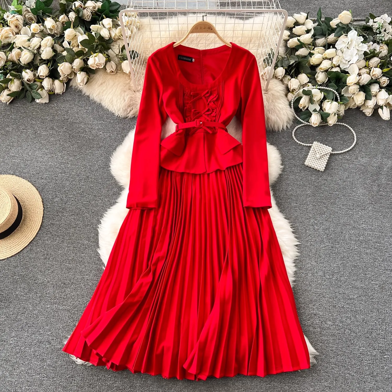 

2024 New High Quality Women Fashion Spring Autumn Casual O Neck Long Sleeve Belt Bow Party Evening Robe Dresses