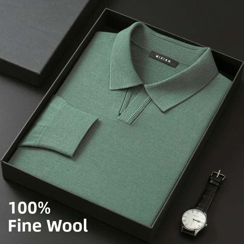 

Мужской тонкий вязаный свитер из чистой шерсти с длинным рукавом, весенне-осенний, деловой стиль, с двойным воротником