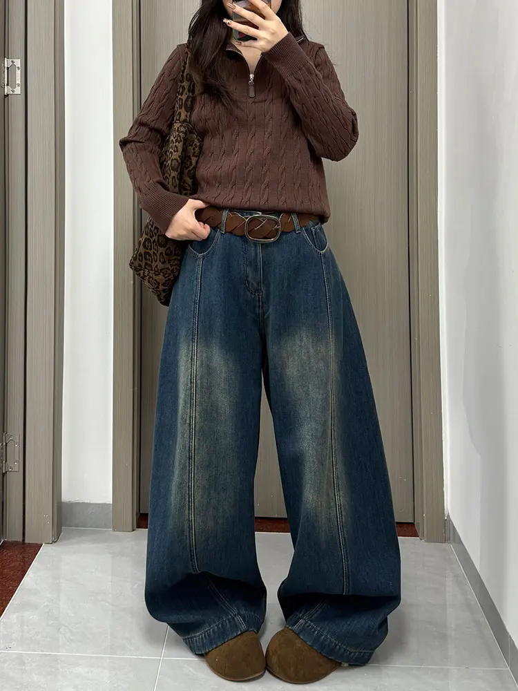 

Ретро темно-синие широкие джинсы на подкладке, женские зимние утягивающие повседневные брюки с высокой талией длиной до пола, повседневная одежда