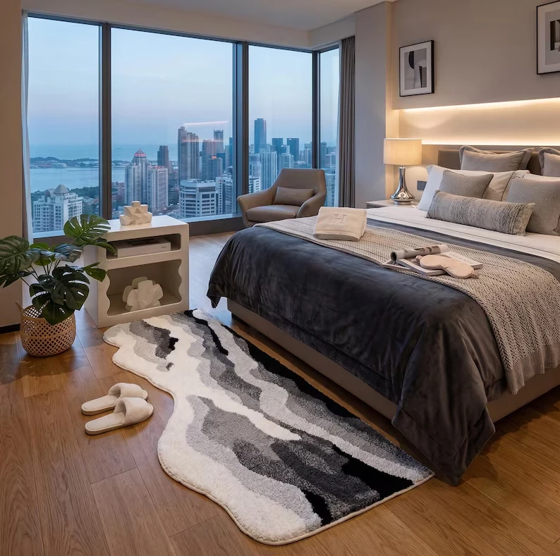 VIKAMA Black White Gray Abstract Wave Runner Rug Stain Resistant Easy Clean Floor Mat For Bedroom Bedside Living Room Home Decor