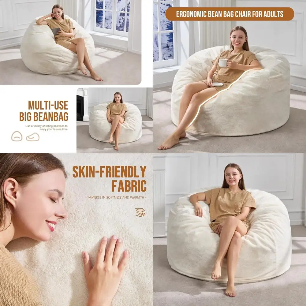 

Large Plush Faux Fur Bean Bag Chair for Adults - 44 x 44 x 24, Ideal for Living Room, Bedroom, Dorm, or Office, White