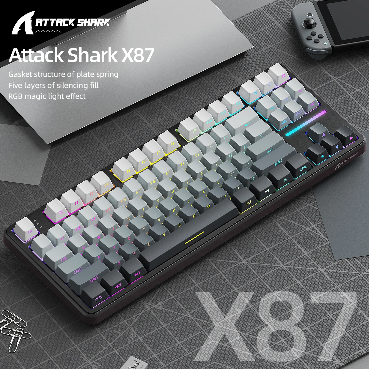 Gaming Keyboard X87 Attack Shark Side Engraved Translucent Character Wireless Mechanical Keyboard,RGB,Hot-Swap,Bluetooth Tri-mod