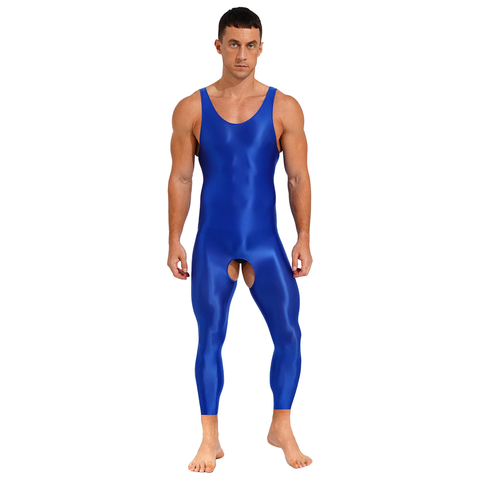 Mens Lingerie One Piece Glossy Open Crotch Tights Close-fitting Jumpsuits Solid Color Stretchy U Neck Sleeveless Bodysuit