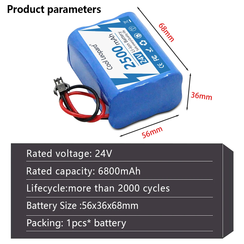 24V 18650 Battery 6S1P 2500mAh Rechargeable Lithium Battery Pack Large Capacity Batteries for LED Light Handheld Device Sprayer