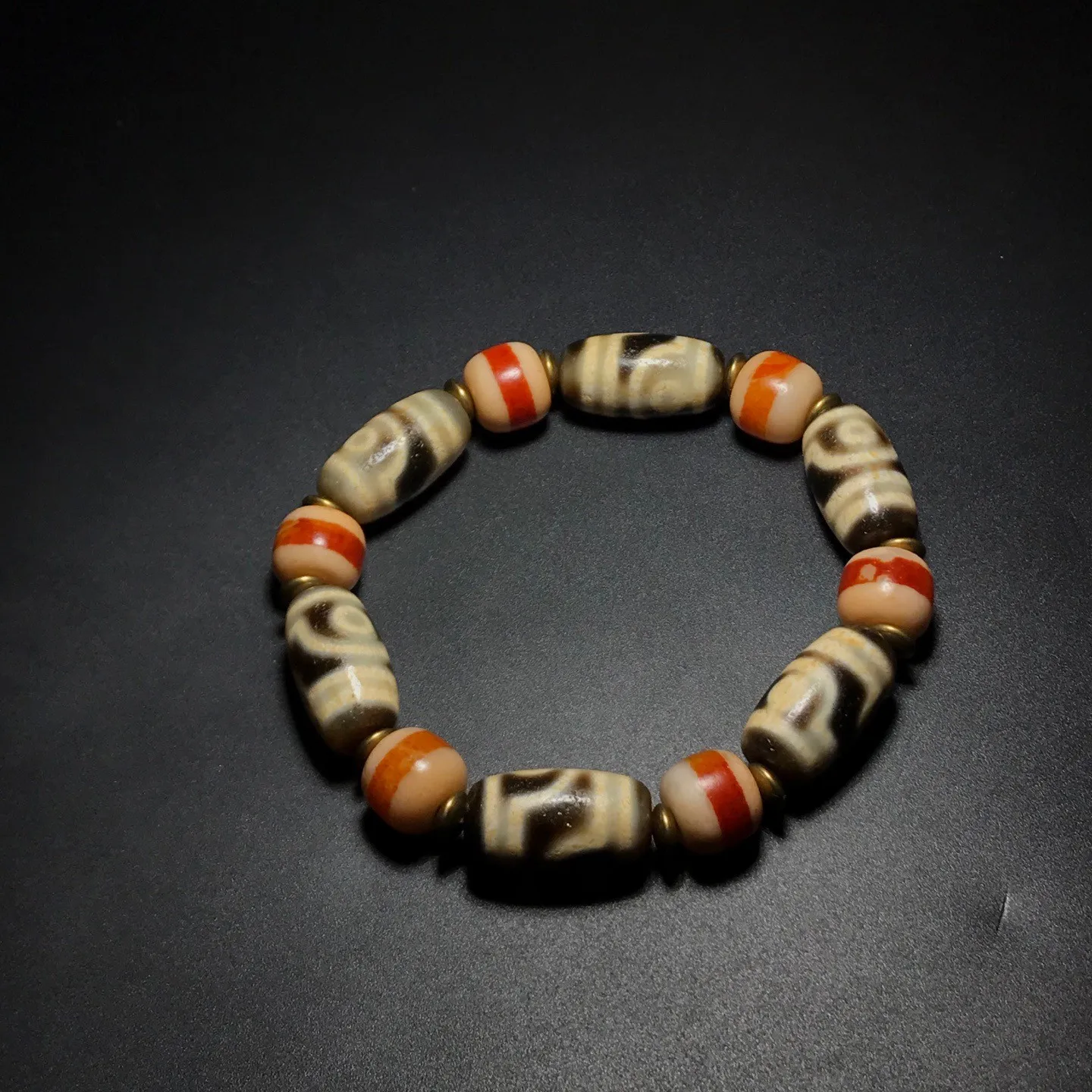 Rare Tibetan Old Agate Dzi *2 Eyes 1 Lines* Bead Amulet Bracelet J0327