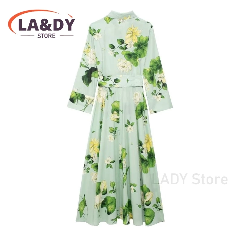 Dress 2024 New Woman Fashion Single-Breasted Print Female Casual Long Sleeve Elegance Belt Dresses