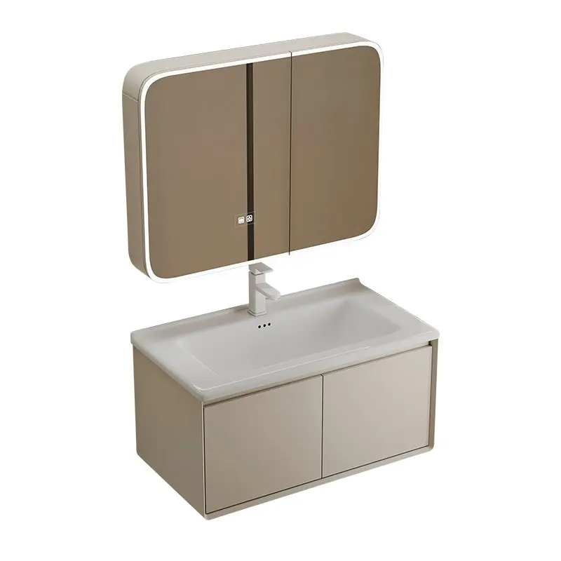 Waterproof bathroom vanity with ceramic basin storage solid wood aluminum honeycomb cabinet hotel home smart mirror cabinet